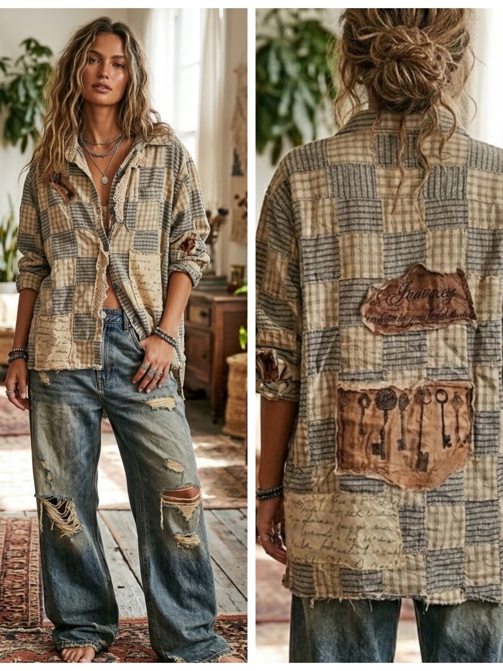 Patchwork Plaid Button-Down Shirt in Beige & Gray